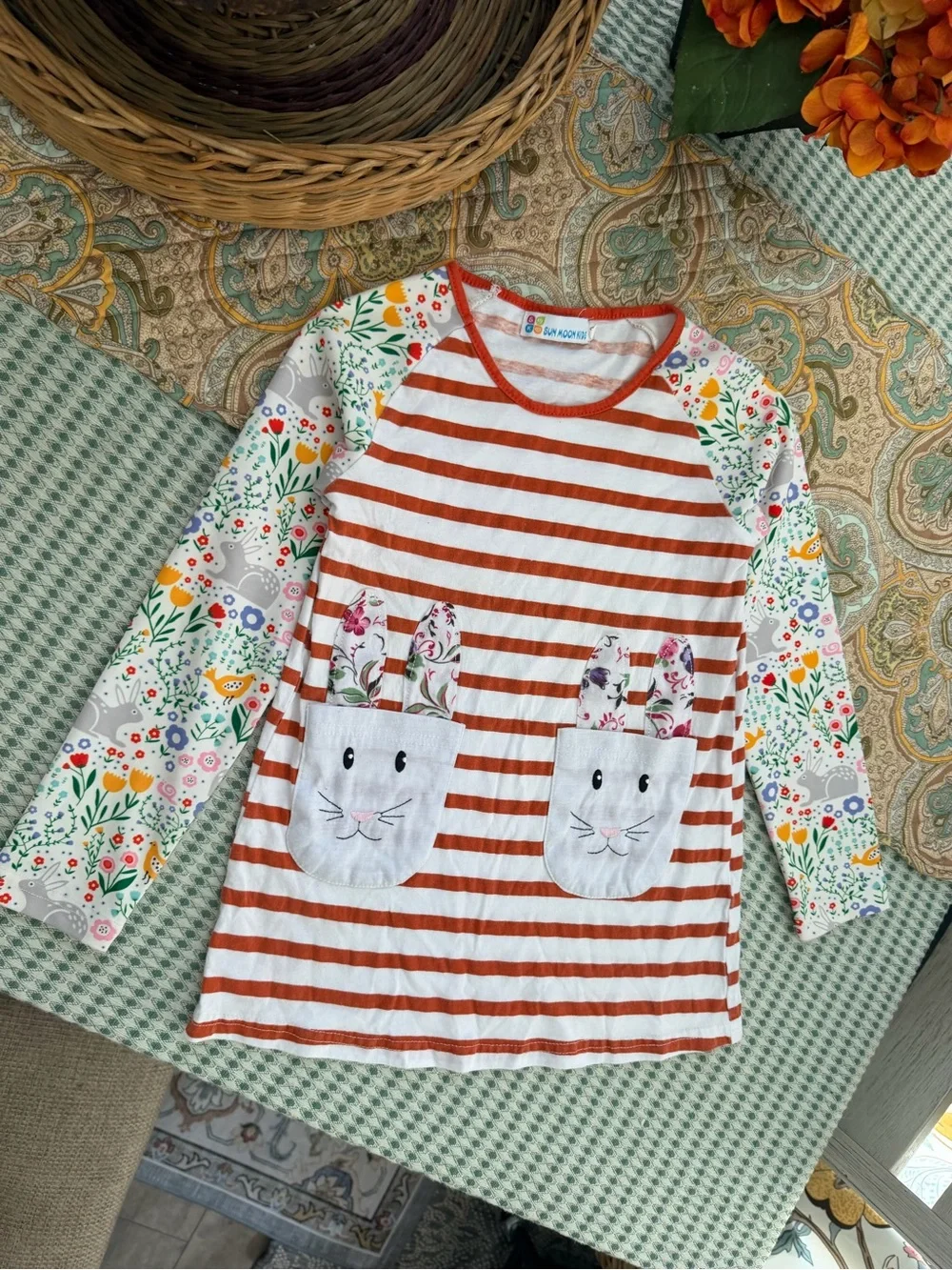 Sun Moon Kids Boutique Toddler Girl Mixed Media Long Sleeve Dress Bunnies Floral